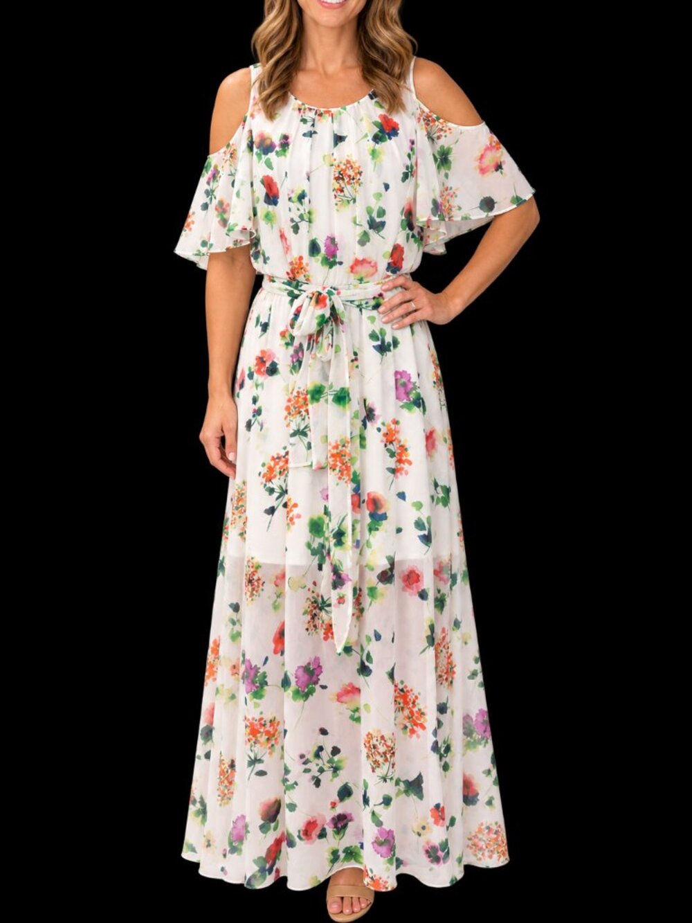 Calvin Klein Floral Maxi Dress 12 NWT Cold Shoulder Chiffon Belted